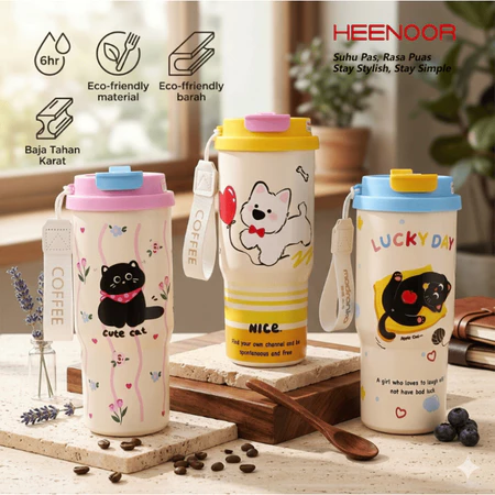 Coffee Tumbler Motif Kartun Hewan + Tutup…
