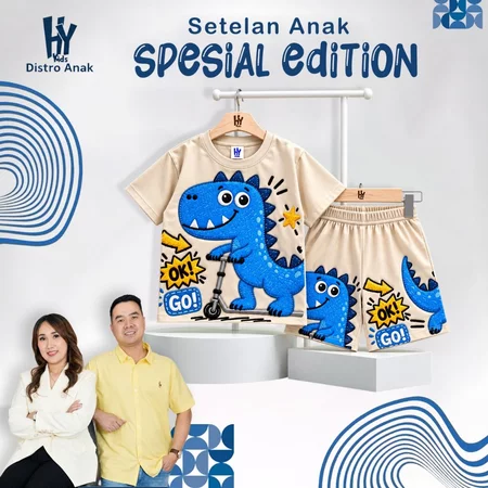 [Free Stiker Nama] Setelan Baju Anak Motif Dino Kartun Lucu untuk usia 1-12 Tahu
