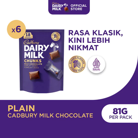Cadbury Dairy Milk Chunks Sharebag 81g (Paket isi 6), Cokelat Susu